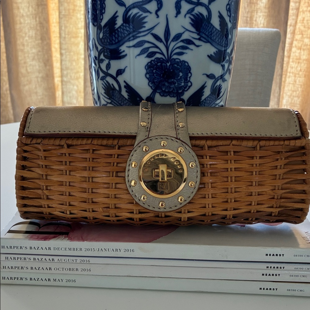 Michael Kors Wicker and Leather Clutch with Gold Accents